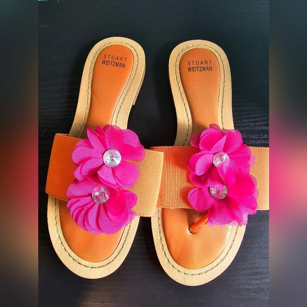 Stuart Weitzman Orange Sandals with Pink Floral Kids Size 3 - Picture 1 of 8